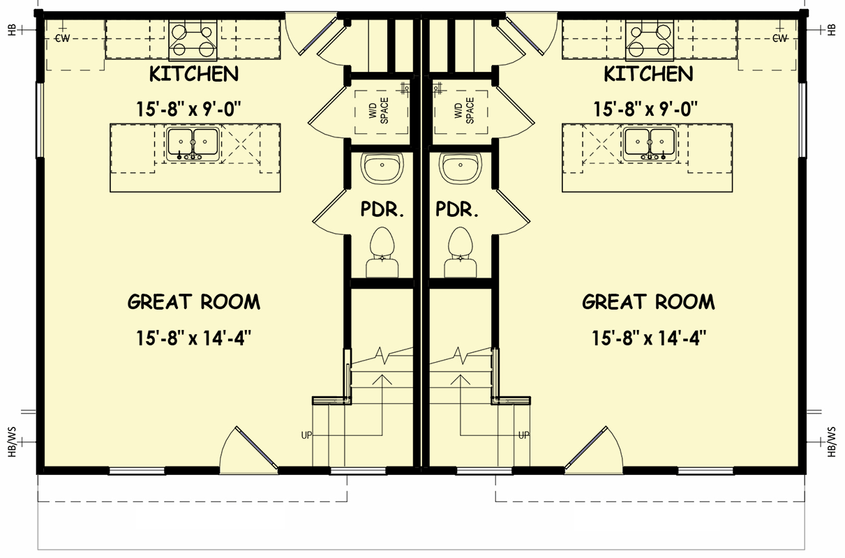 Plan 100333GHR: Contemporary Duplex House Plan with Matching 2 Bed 2 Bath Units - 928 Sq Ft Per Unit - Floor Plan - Main Level - Contemporary, Modern