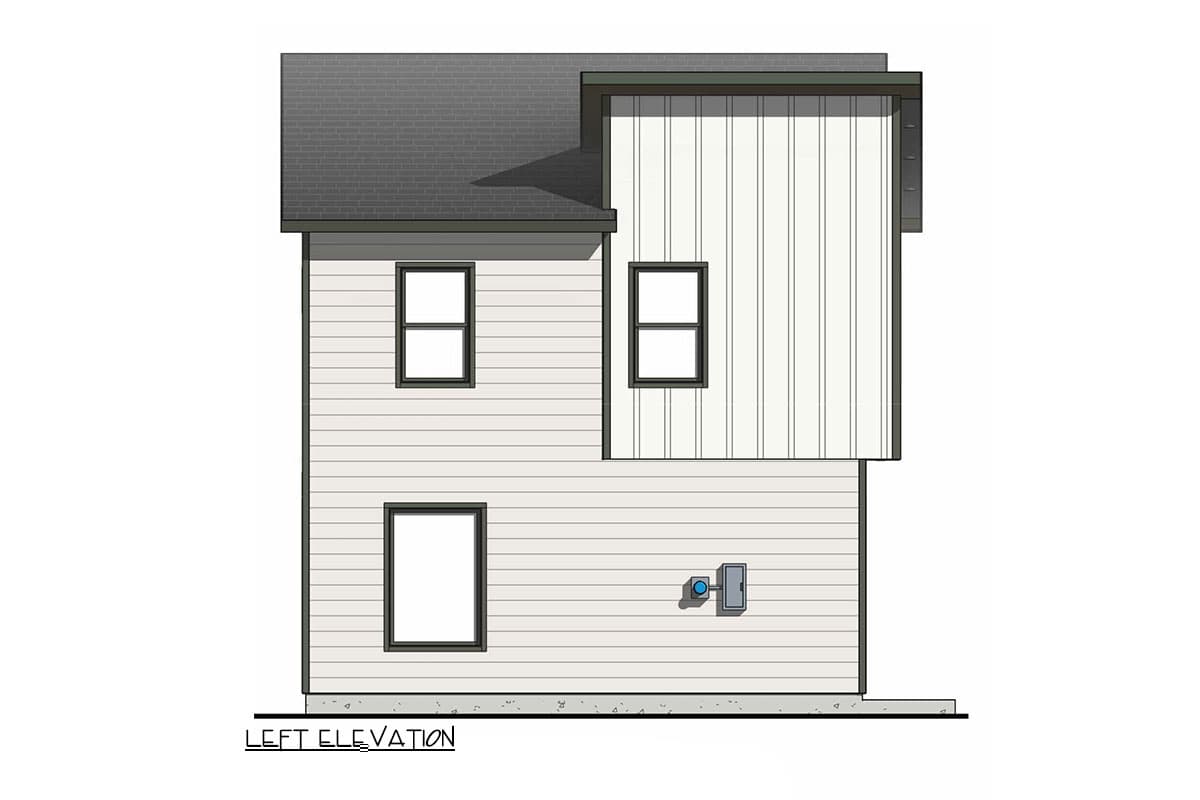 Left elevation drawing of a two-story house plan with horizontal siding and vertical siding accent.