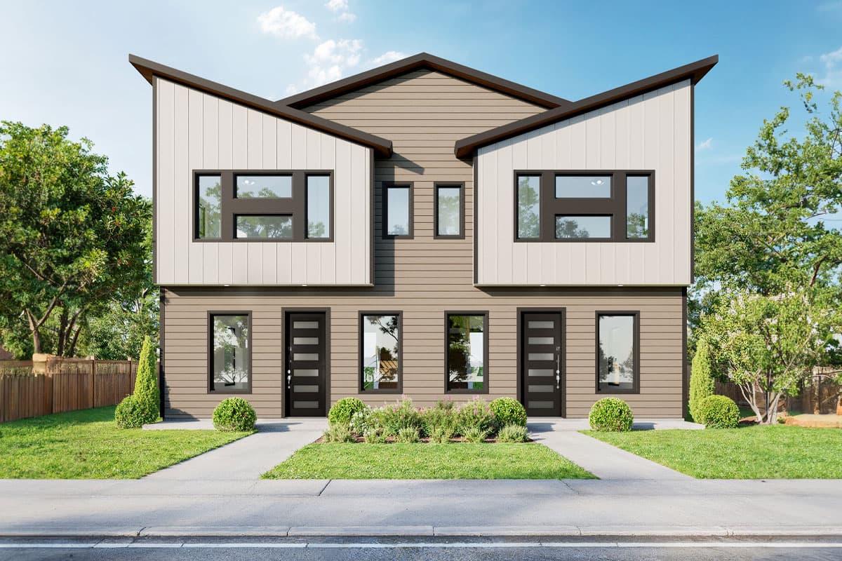 House plan exterior. Modern two-story style with asymmetrical gables, contrasting siding, and large windows. Each unit has a front entry door.