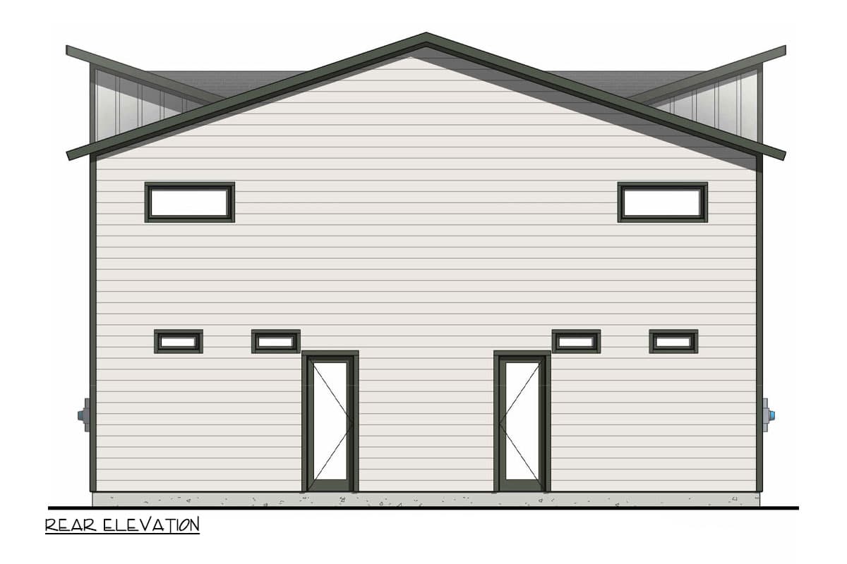 Rear elevation of a two-story house plan featuring a gabled roof, horizontal siding, two front doors, and four rectangular windows.