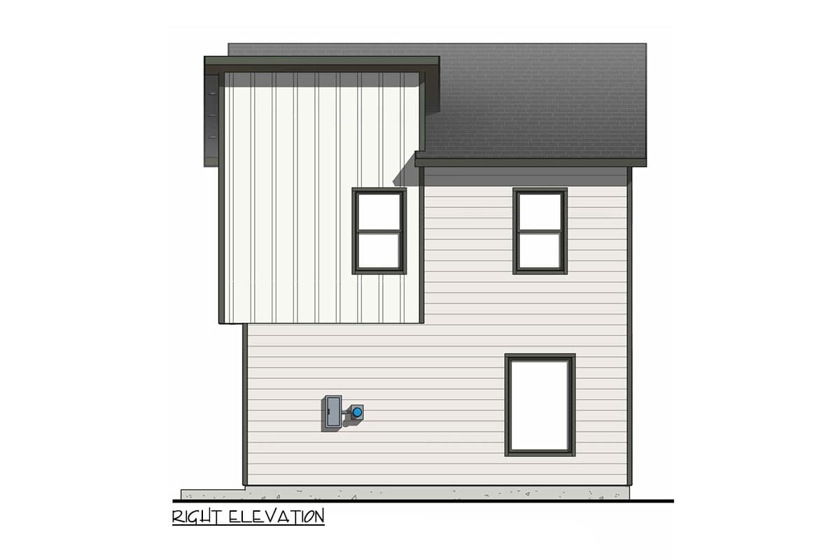 Right elevation house plan drawing with two stories, lap siding, vertical siding, and dark-trimmed windows.