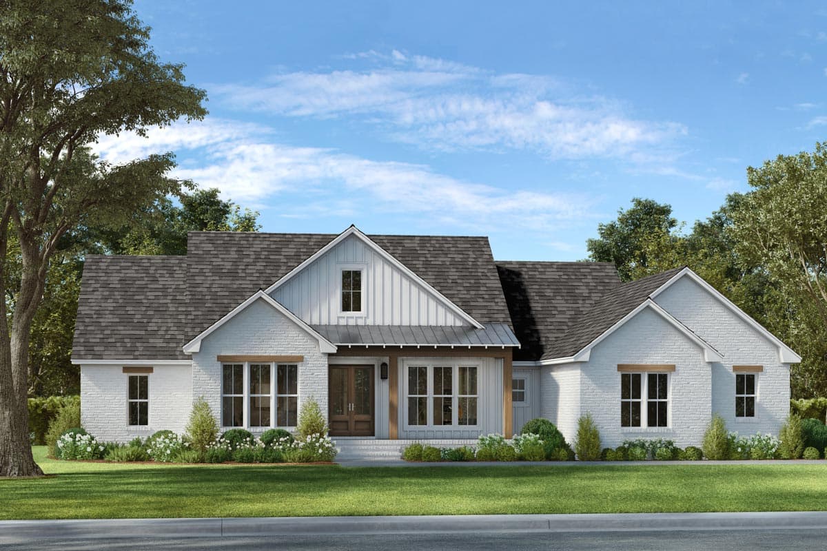 House plan exterior. Modern Farmhouse style with a single story, front-facing gables, a covered porch, and a brick facade.