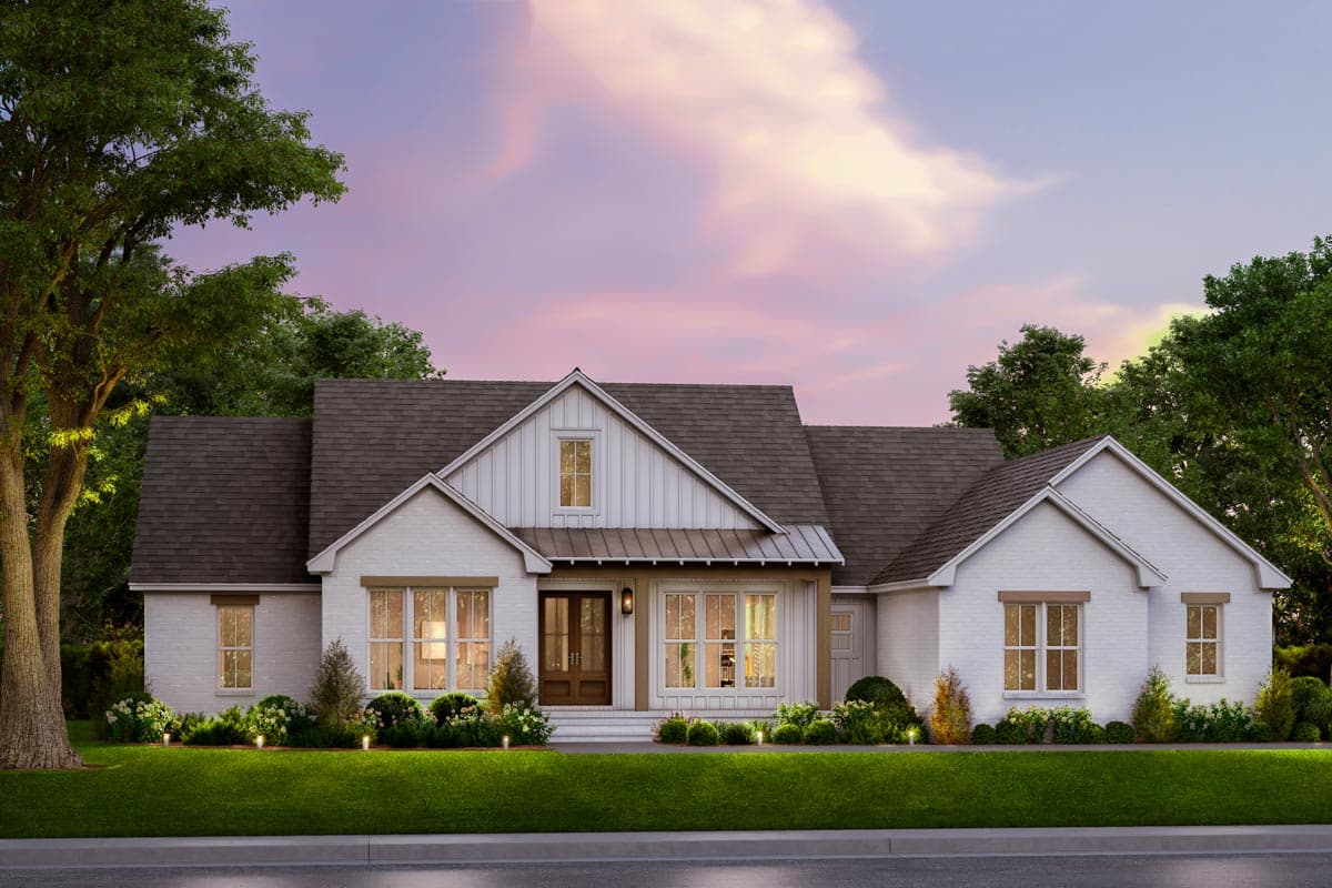 House plan exterior: Modern Farmhouse style, one story, white brick, gabled roof with dormer, covered porch with wood beams.