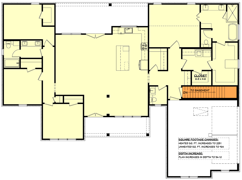 Plan 51974HZ: 4-Bed Southern Country House Plan with Split Bedroom Floor Plan - 2200 Sq Ft - Floor Plan - Basement Stairs Location - Country, Modern Farmhouse, Southern