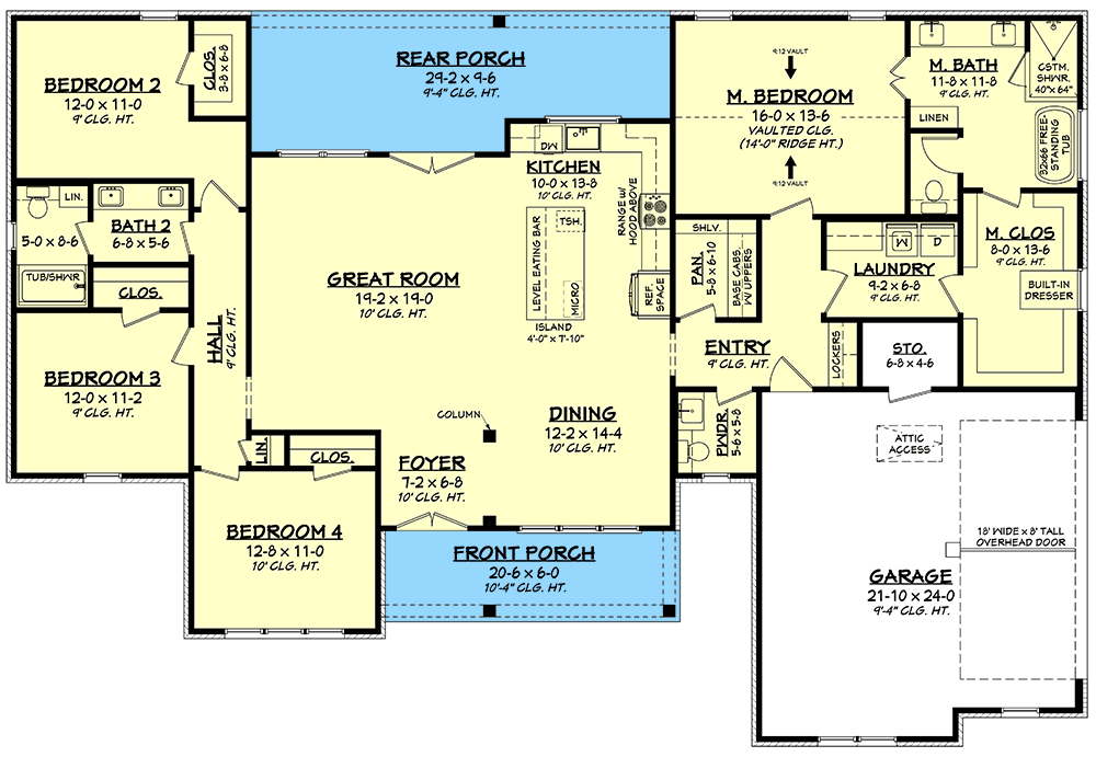 Plan 51974HZ: 4-Bed Southern Country House Plan with Split Bedroom Floor Plan - 2200 Sq Ft - Floor Plan - Main Level - Country, Modern Farmhouse, Southern