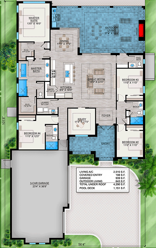 Plan 86154BW: One-Story Coastal Contemporary House Plan with 4-Beds and a Study - 2501 Sq Ft - Floor Plan - Main Level - Coastal Contemporary, Florida-Style, Modern, Transitional