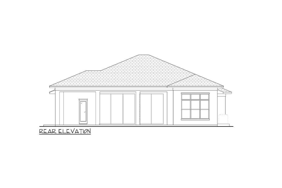 Rear elevation drawing of a single-story house plan featuring a hipped roof, sliding glass doors, and a multi-pane window.