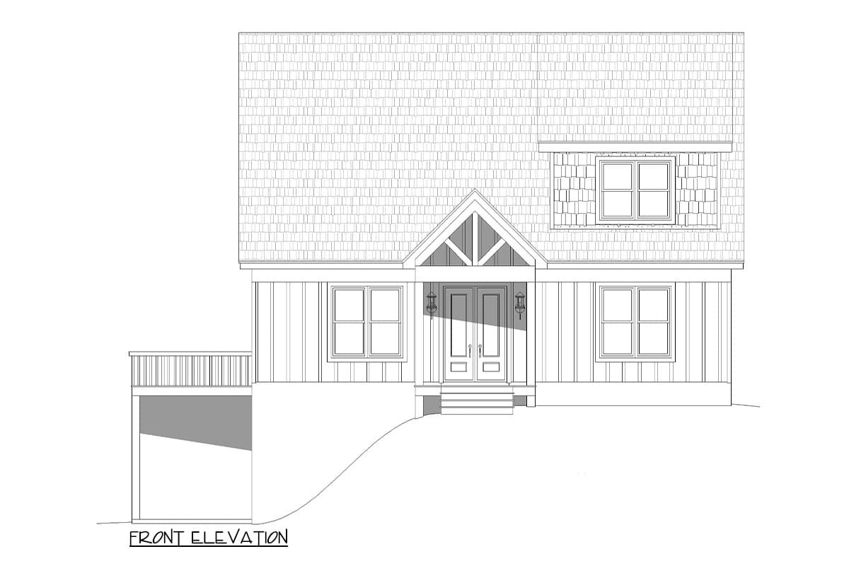 Front elevation house plan with a gable roof, double front doors, a deck, and siding.