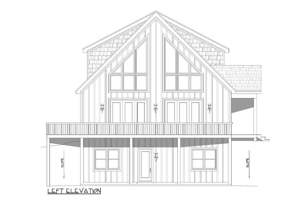 Left elevation house plan with a large, steeply pitched gable roof and multiple windows on two levels.