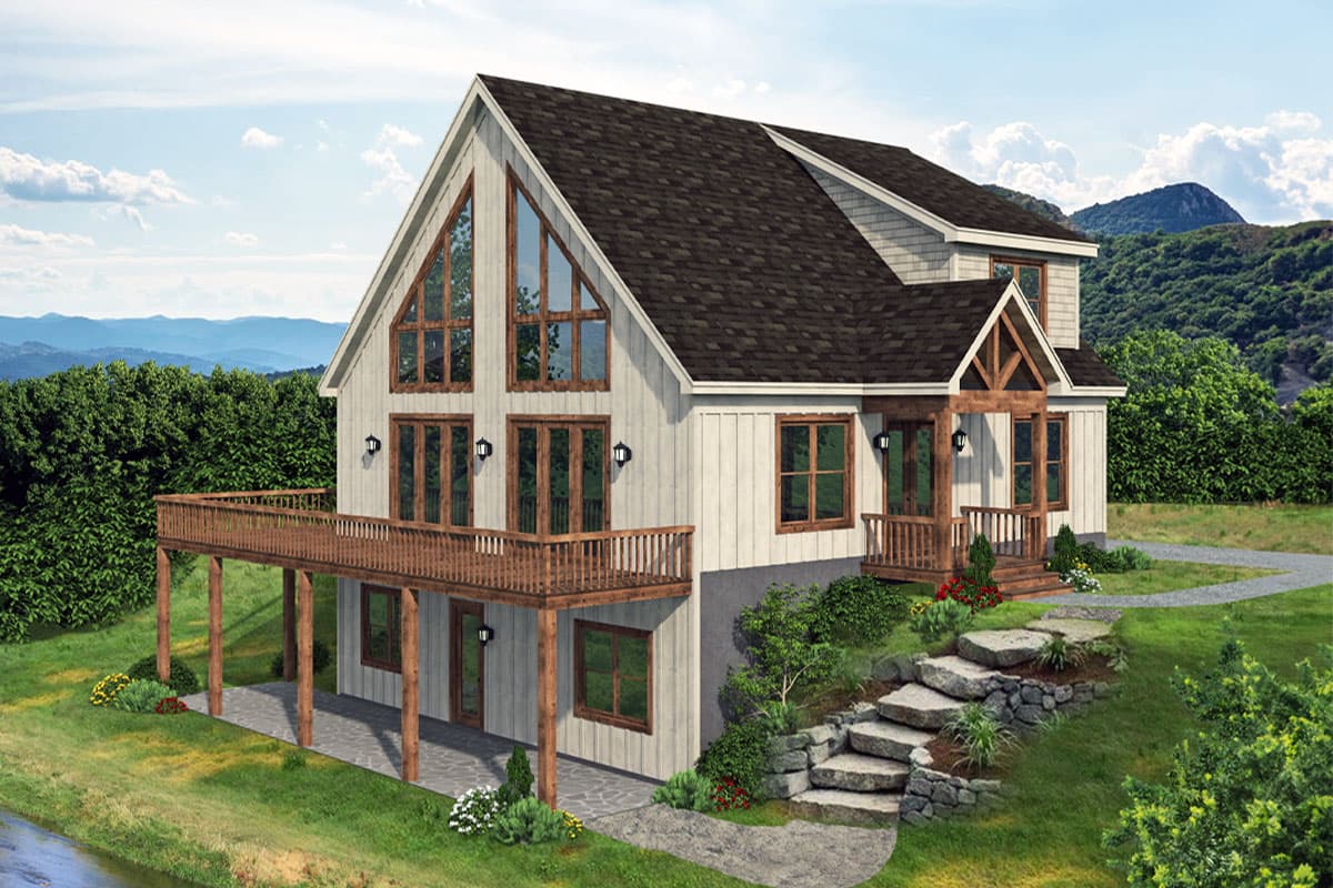 House plan exterior with two stories, a gable roof, a large deck, and a covered porch. Features include large windows and a stone stairway.