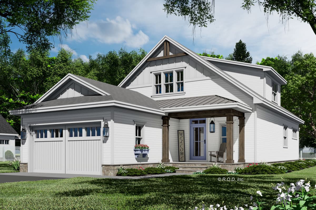 House plan exterior with Craftsman style, one story, gabled roof, front porch, and garage with side-entry orientation.