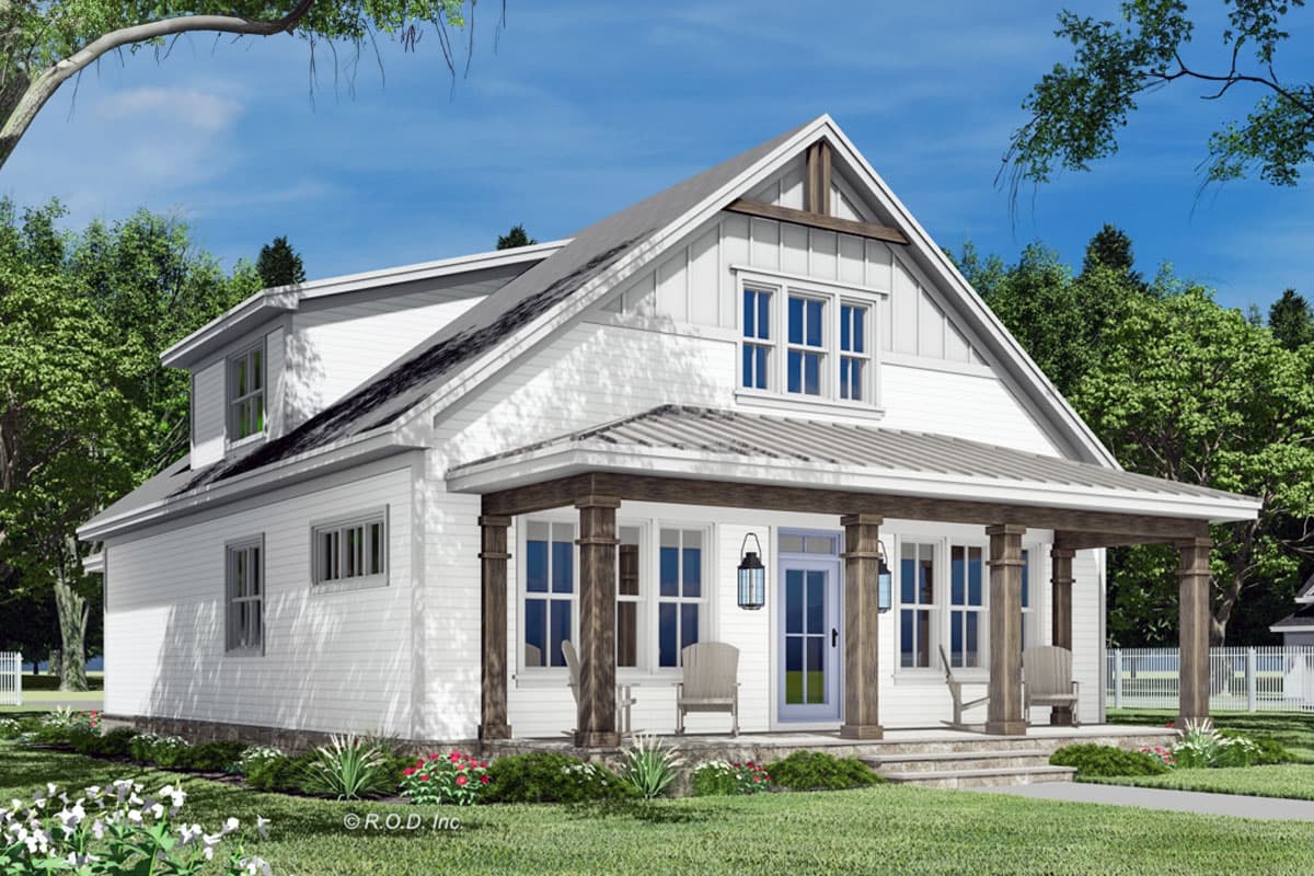 Modern Farmhouse house plan exterior with wide covered porch, gable dormer, and vertical siding.