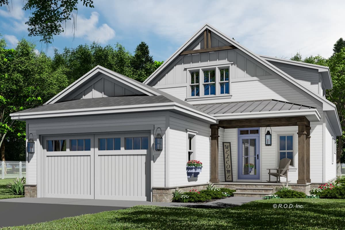 House plan exterior featuring a Modern Farmhouse style, two-car garage, covered entry porch with wood columns, and gable rooflines.