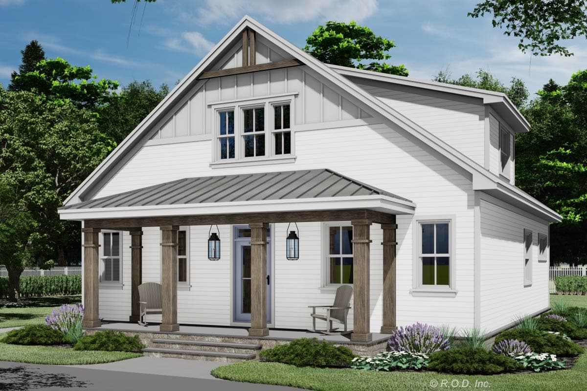 House plan exterior featuring a two-story Modern Farmhouse design. Includes a covered porch with exposed timber columns, gabled roof, and dormer.