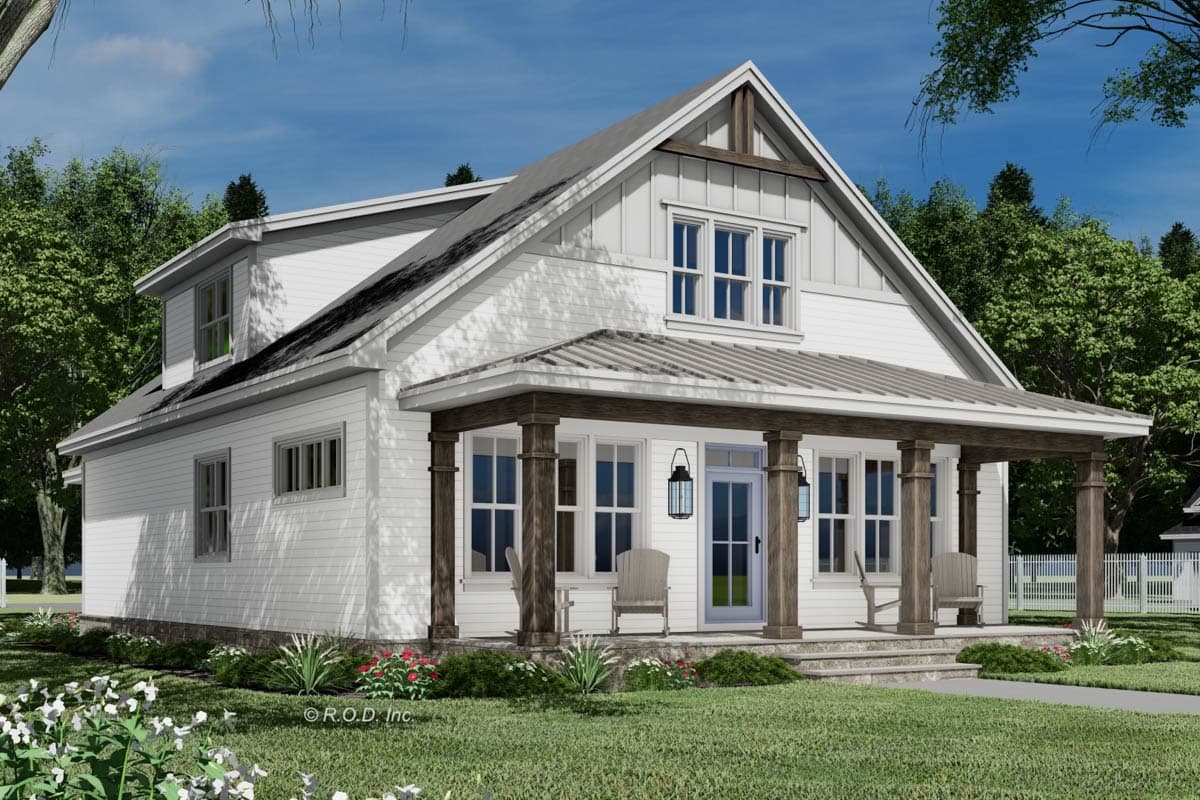 House plan exterior: Modern Farmhouse style, two stories, prominent gable with exposed beams, wrap-around porch with metal roof, and wood columns.