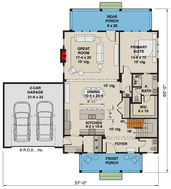 Plan 14804RK: Two-Story Country Farmhouse Plan with 2-Car Garage on the Side - 2403 Sq Ft - Floor Plan - Main Level - Country, Farmhouse, Modern Farmhouse, Traditional