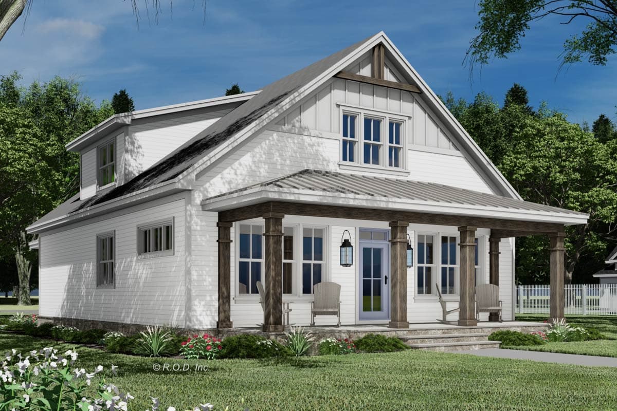 Modern Farmhouse house plan exterior with a prominent covered porch, gables, dormers, and board-and-batten siding.