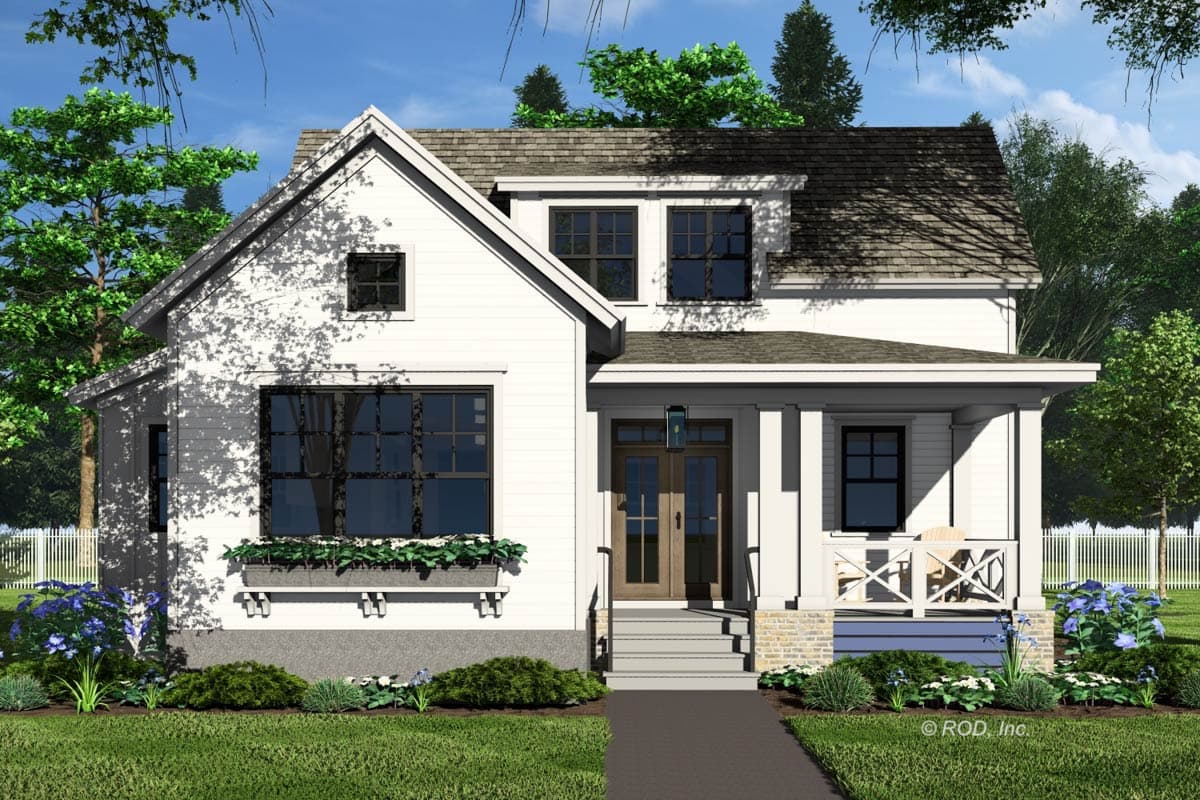 House plan exterior. Two-story Modern Farmhouse with gabled roof, dormers, and front porch with columns and decorative railing.
