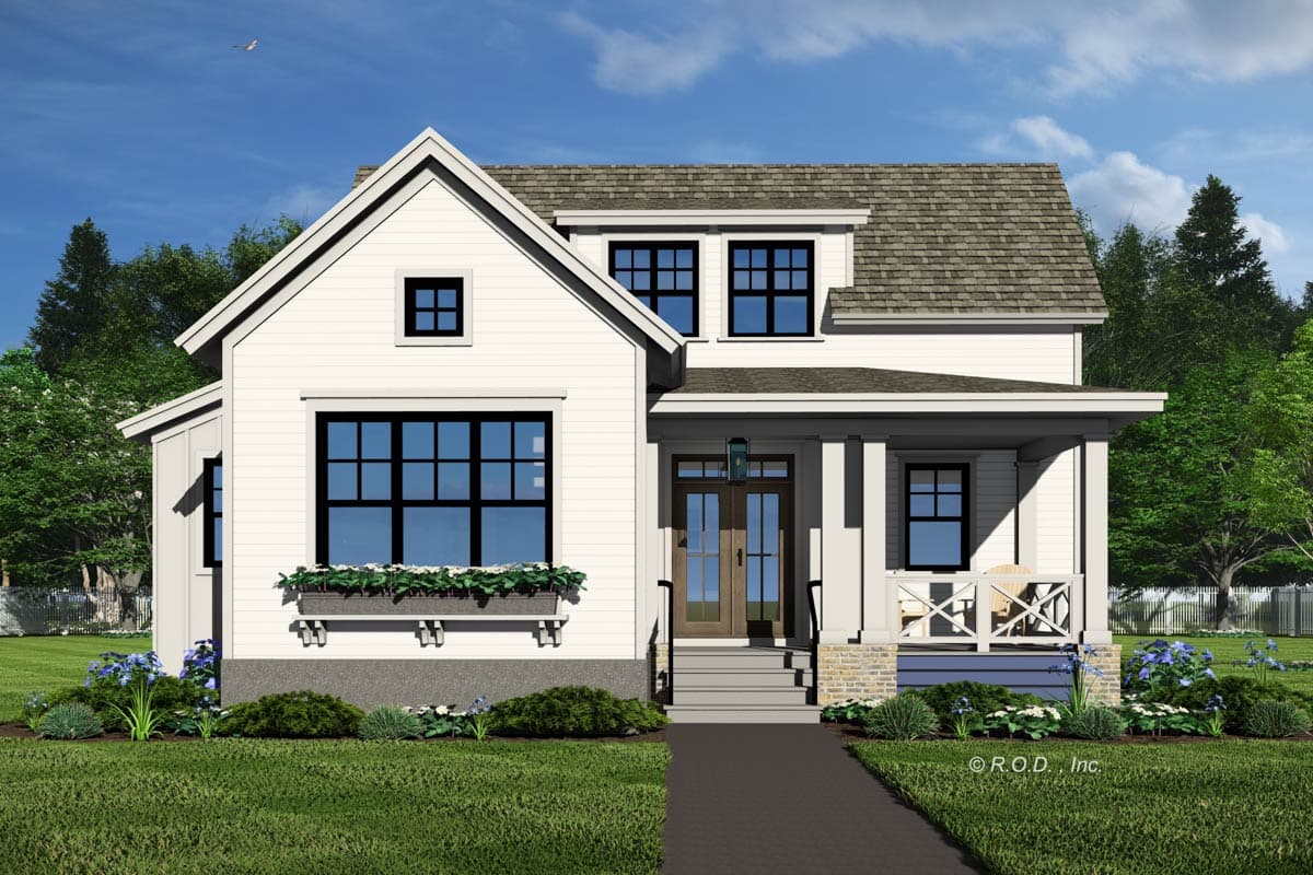 House plan exterior of a two-story Modern Farmhouse with a gable roof, front porch, dormer, and large grid windows.
