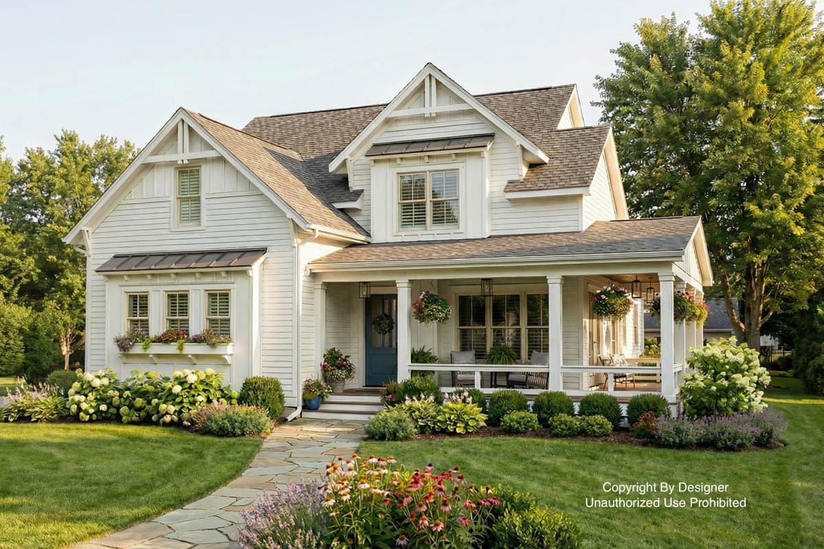 A charming white farmhouse with a wraparound porch, surrounded by lush green lawns and colorful flowerbeds, creating an inviting curb appeal.