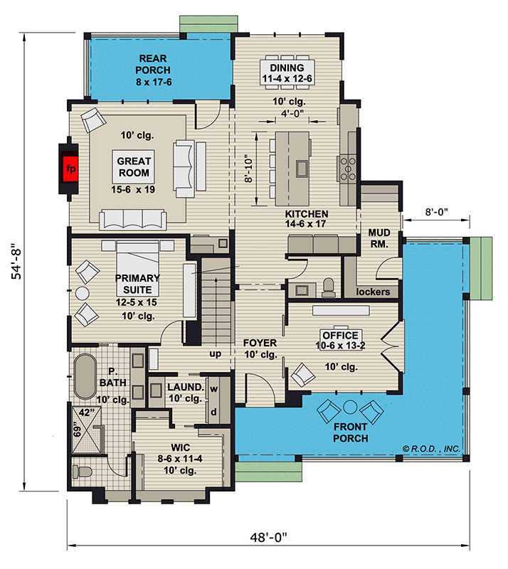Plan 14807RK: 4-Bed Modern Farmhouse Cottage with Wraparound Porch and a Home Office - 2733 Sq Ft - Floor Plan - Main Level - Country, Farmhouse, Modern Farmhouse, Traditional