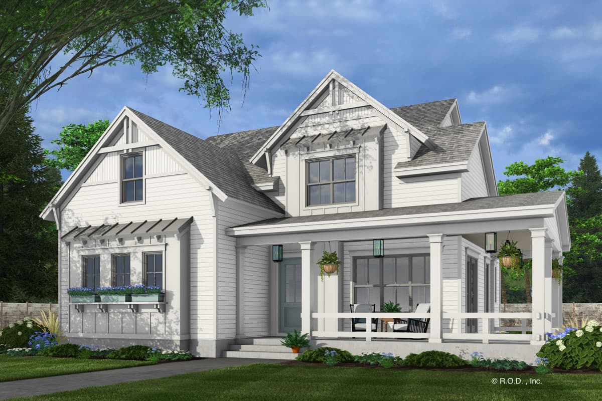 Modern Farmhouse house plan exterior with a covered porch, gables, and decorative window awnings.
