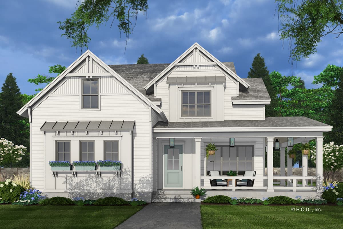 Modern Farmhouse house plan exterior with a covered front porch, gables, and dormer windows.