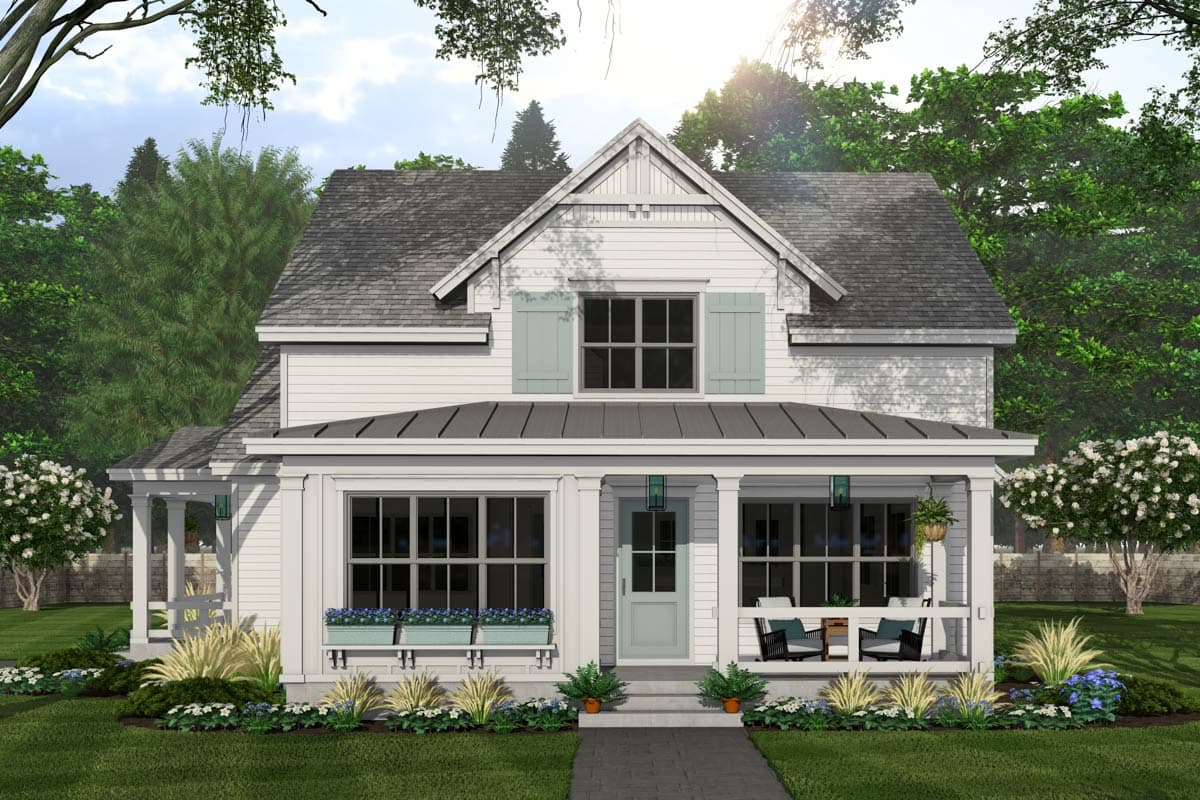 House plan exterior rendering. Two-story Modern Farmhouse with gabled roof, covered front porch, and shutters on upper windows.