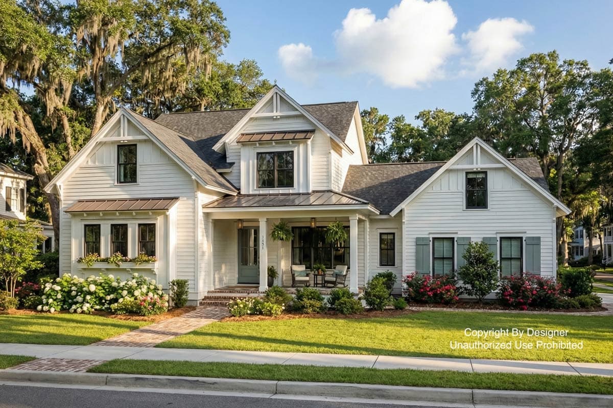 A beautiful two-story white house with a porch and brick walkway. Landscaped with green grass, flowers, and trees, all under a blue sky.