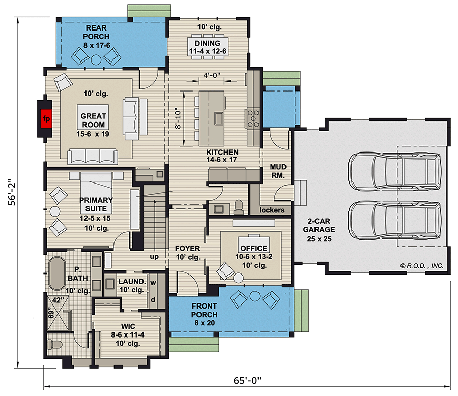 Plan 14809RK: New American Farmhouse Plan with Home Office and Side-Load Garage - 2733 Sq Ft - Floor Plan - Main Level - Country, Farmhouse, Modern Farmhouse, New American