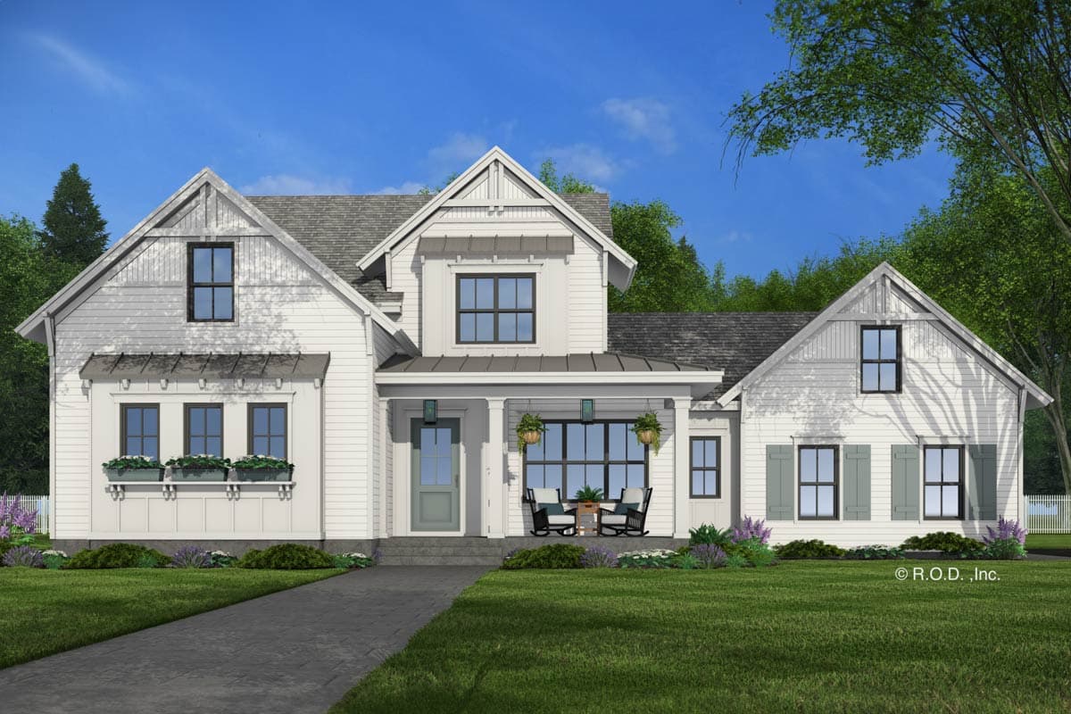 Modern Farmhouse house plan exterior with gables, a covered porch with rocking chairs, board and batten siding, and window boxes.
