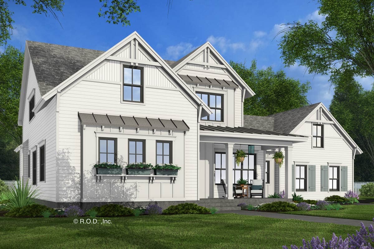 Modern Farmhouse house plan exterior with prominent gables, board and batten siding, and a covered front porch.