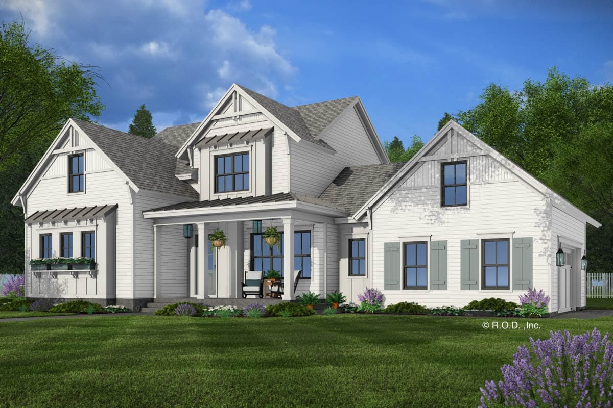 House plan exterior: Modern Farmhouse style, two stories, covered front porch with columns, multiple gables, and attached garage.
