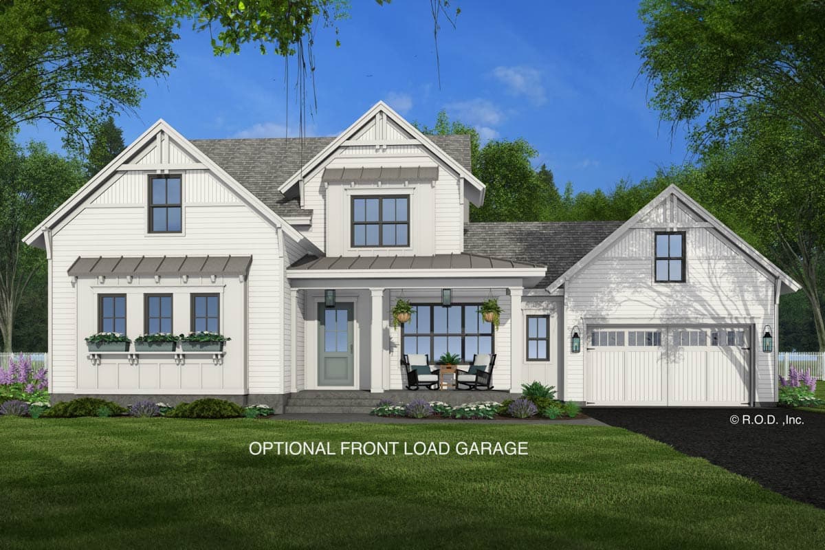 Modern Farmhouse house plan exterior with gabled dormers, a covered porch with columns, and an optional front-load garage.