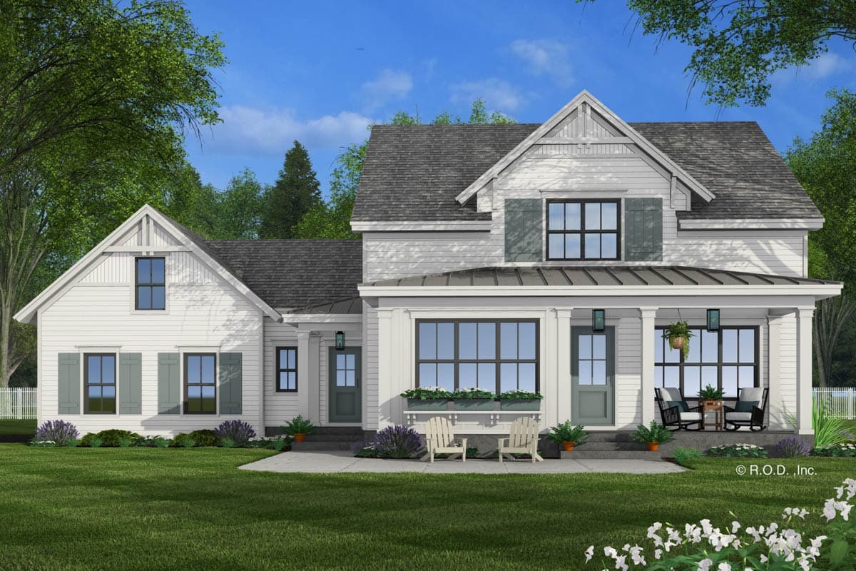 House plan exterior: Modern farmhouse style, two stories, with a prominent covered front porch, gable dormers, and board and batten siding.