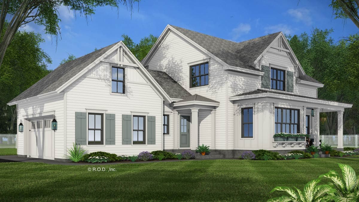Modern Farmhouse house plan exterior with attached garage, prominent gables, a covered porch, and board and batten siding.