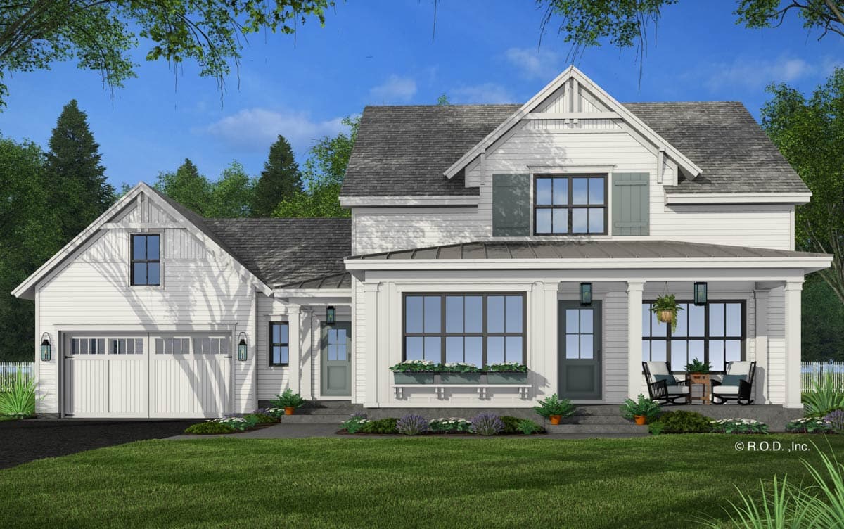 House plan exterior: Modern Farmhouse style, two stories, with a gable, front-facing garage, and covered front porch.