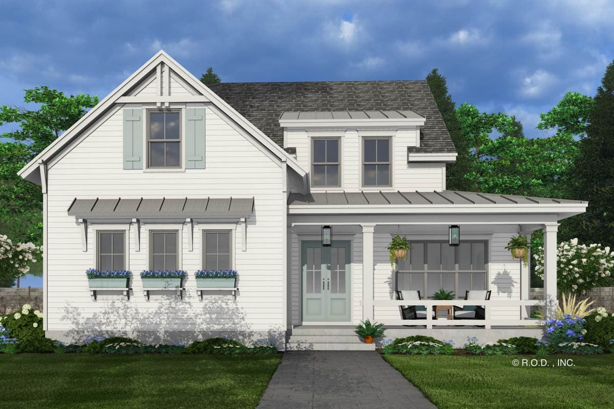 House plan exterior. Two-story farmhouse with a front porch, gables, and a dormer. Features include window boxes and a metal roof over the porch.