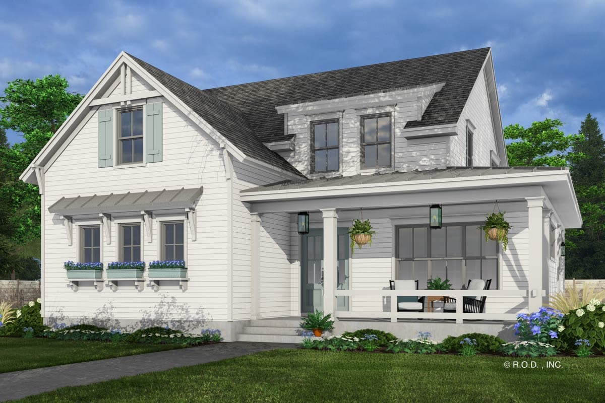 Modern Farmhouse house plan exterior with a gabled front, deep porch with white railings, and dormer windows.