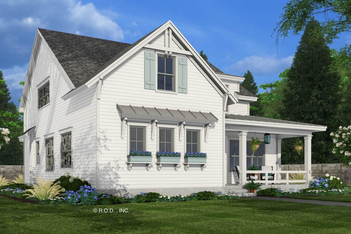 Modern Farmhouse style house plan exterior with a covered front porch, gables, and window boxes.