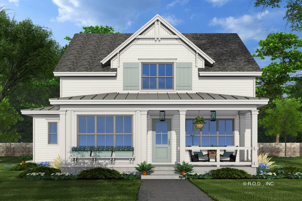 House plan exterior. Two-story farmhouse with a front porch, gabled roof, and dormer. Features include columned porch and window boxes.