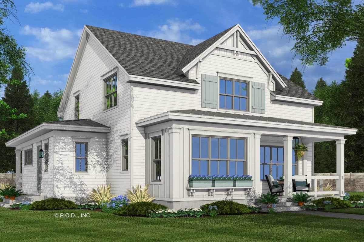 House plan exterior: two-story Modern Farmhouse with a wrap-around porch, gables, and dormers.