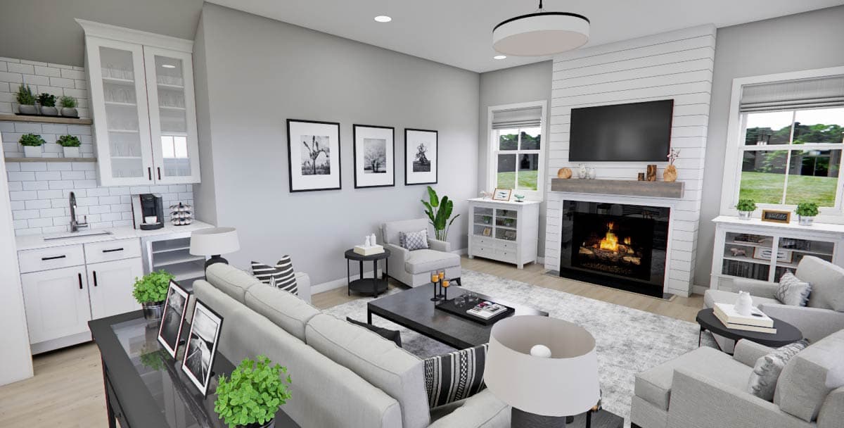 Living room interior rendering with fireplace, built-in cabinetry, and open layout.