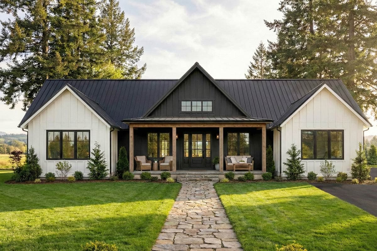 House plan exterior. Modern Farmhouse style with a single story, board and batten siding, gable roof, and covered porch with supporting columns.