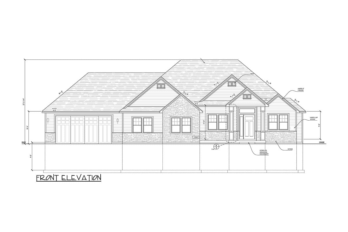 Front elevation drawing of a one-story house with a symmetrical facade, stone accents, gabled dormers, and a multi-panel garage door.