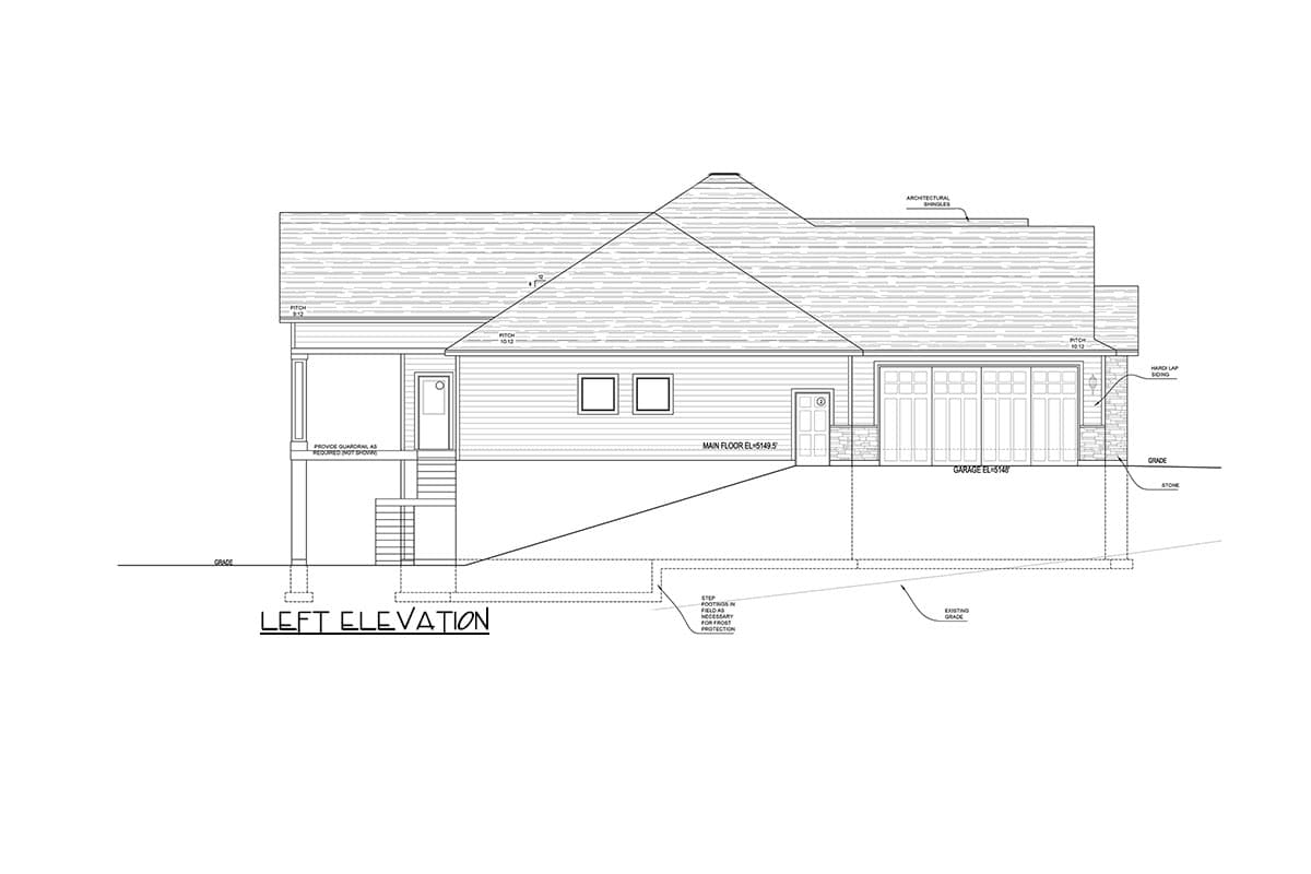 Left elevation house plan showing a front door, side entry, multi-panel garage door, and various roof pitches.