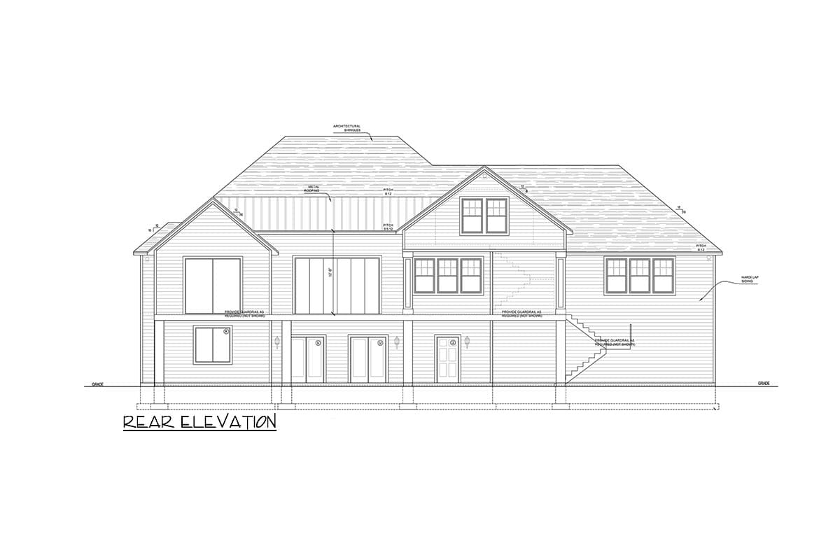 Rear elevation floor plan drawing showing two stories, multiple gables, large windows, and a metal roof.