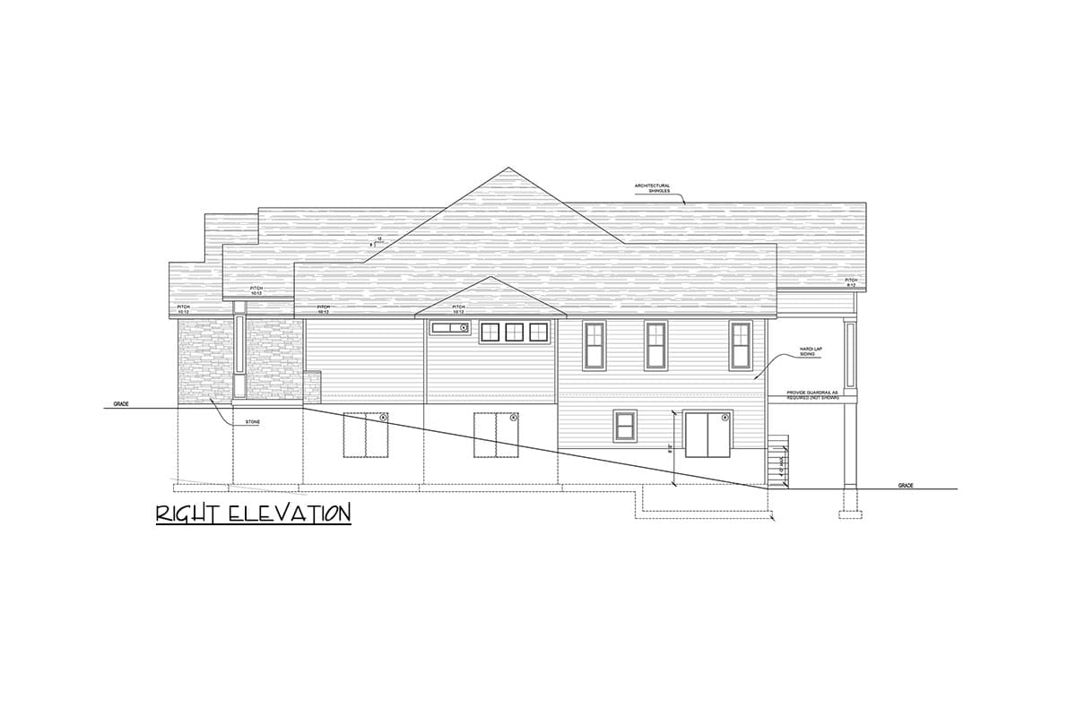 Right elevation house plan drawing showing multi-story home with stone base, horizontal siding, and varied roof pitches.