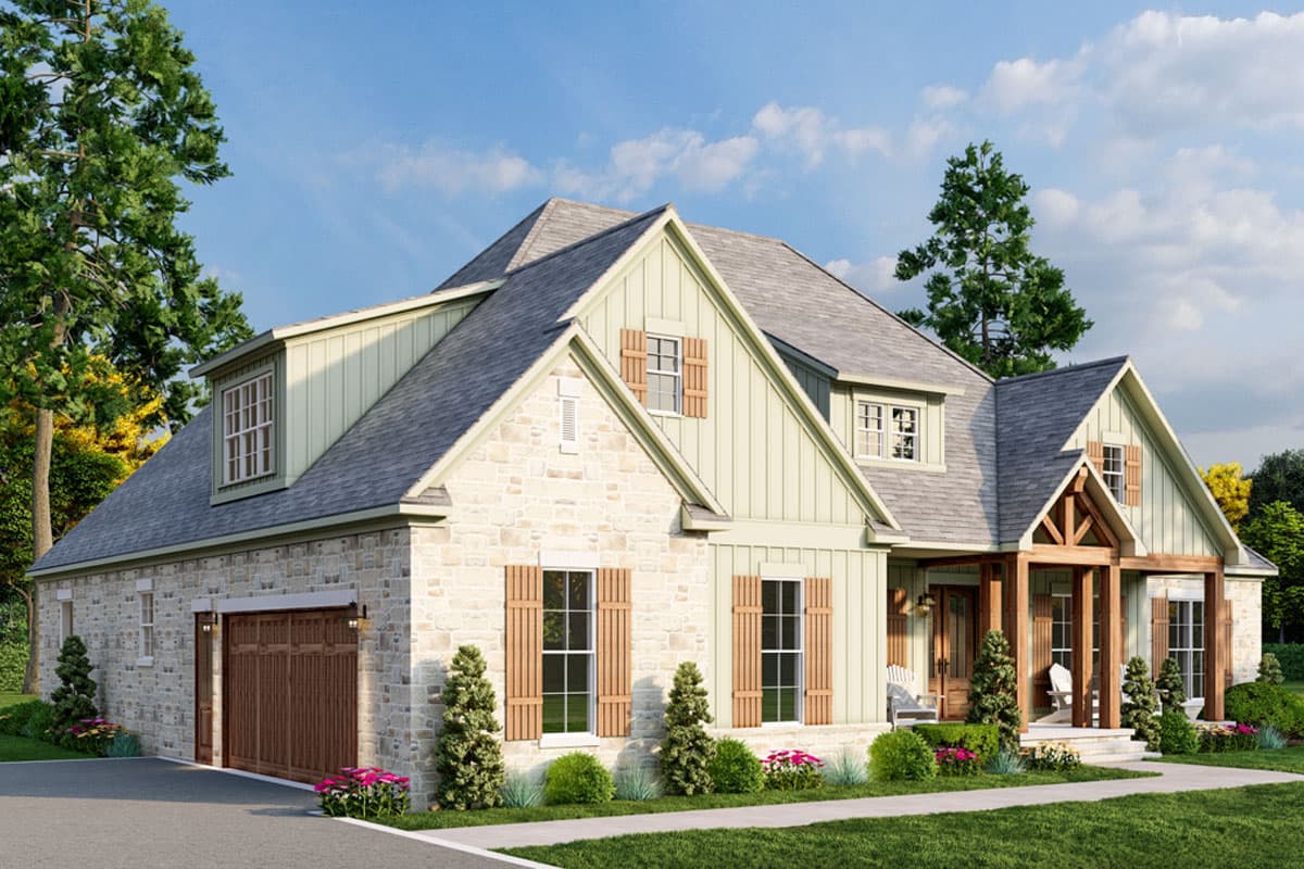 House plan exterior: Two-story Modern Farmhouse with stone and board-and-batten siding, dormers, and wood-accented porch.