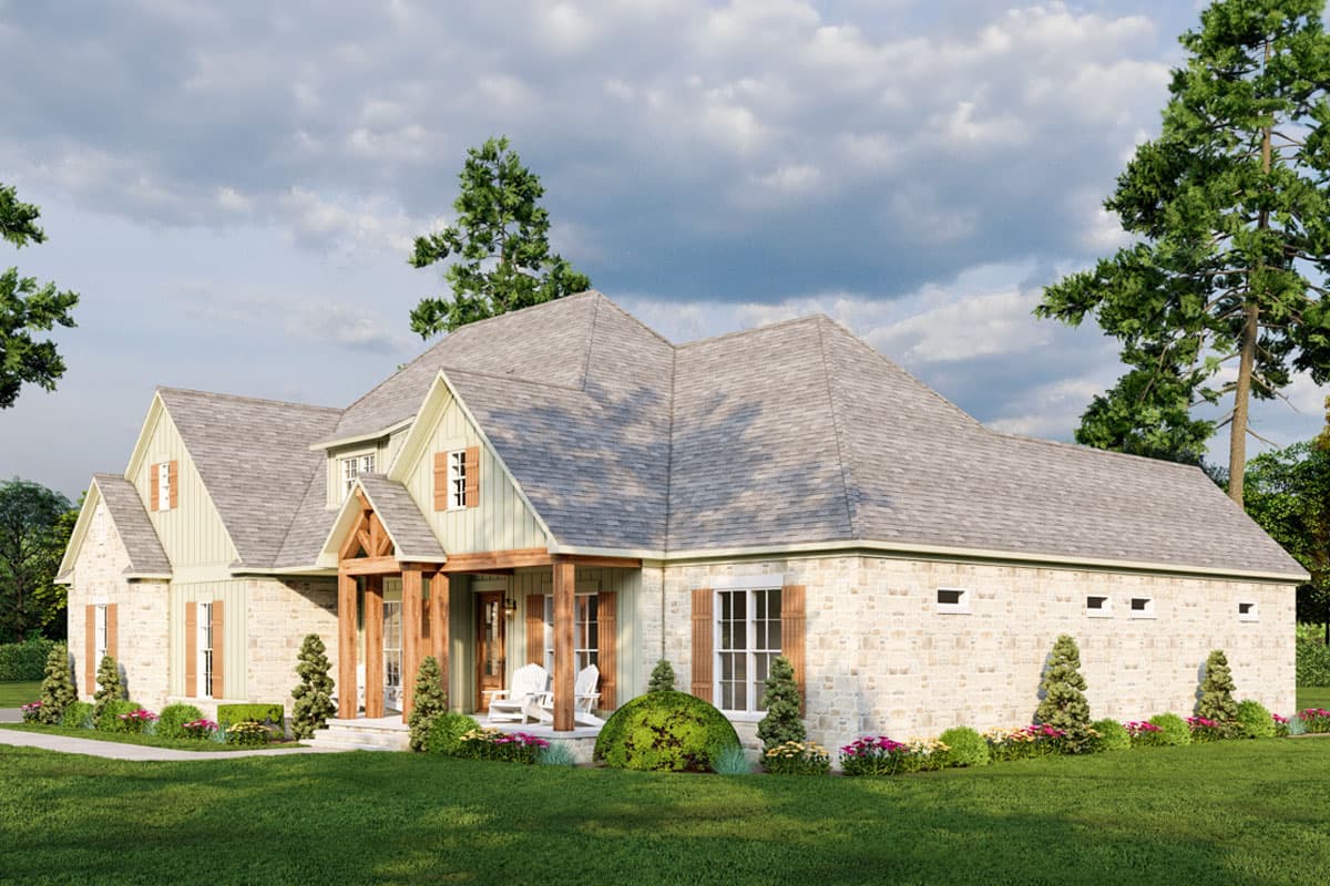 House plan exterior: A two-story Modern Farmhouse with stone facade, prominent gables, dormers, and a covered front porch with wooden beams.